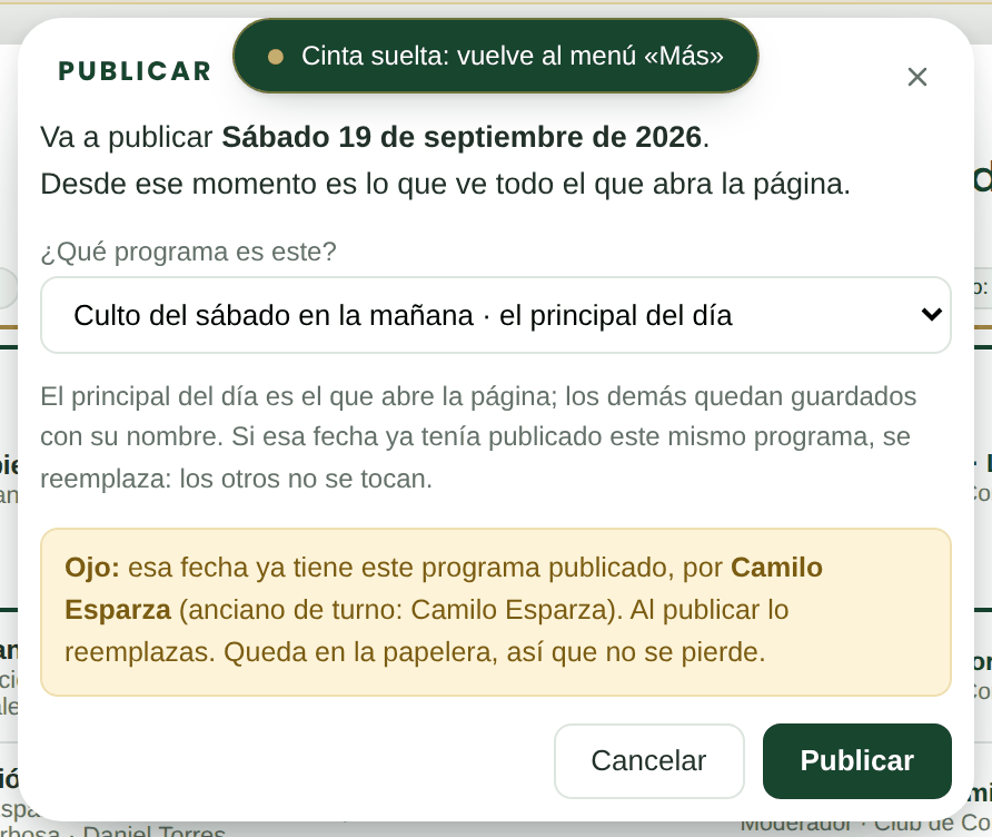 La ventana de publicar: la fecha, qué programa es y el botón verde.